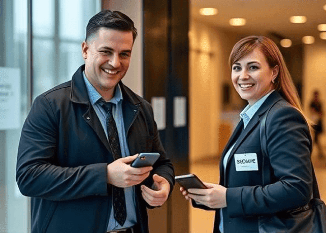Happy employees interacting in a modern office, symbolizing a positive workplace environment.